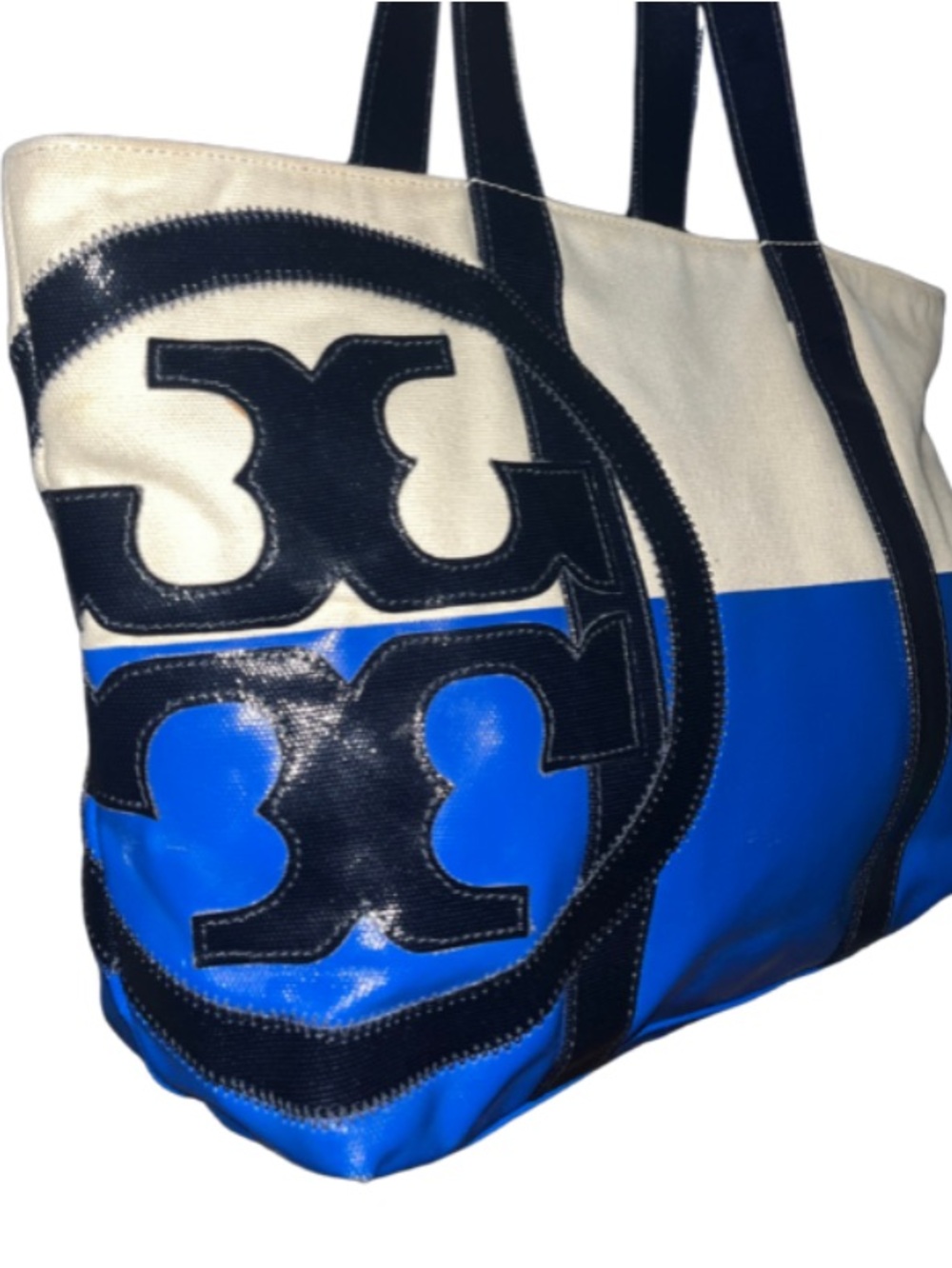 Tory Burch Vintage Ella Dipped Large Colorblock Tote Bag - Blue & Cream